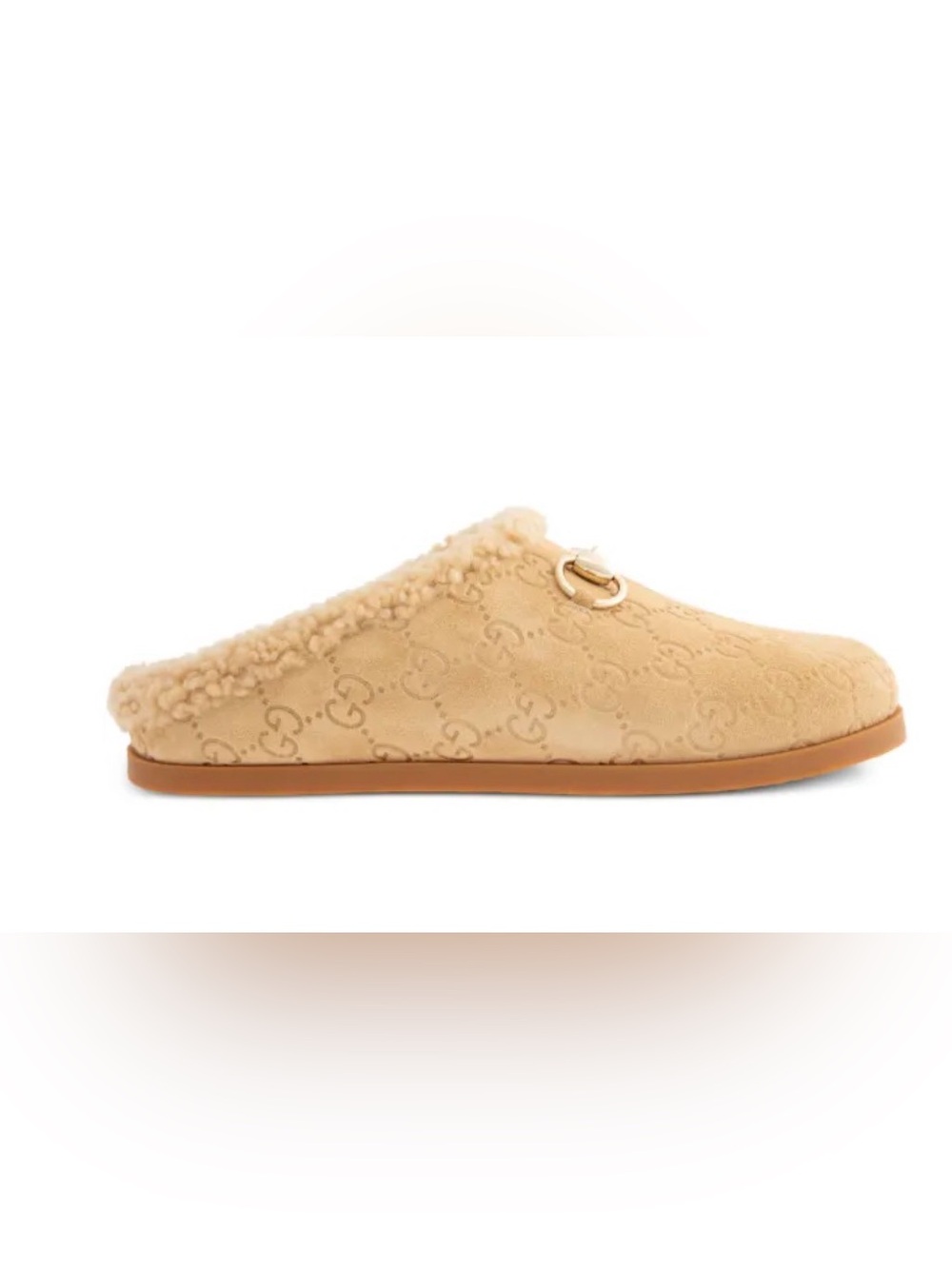Gucci Beige Shearling-Trim GG Suede Mule with Gold Horsebit